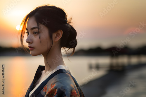Portrait of a young beautiful japanese woman in Kimono with a nature view at sunset, Asian culture