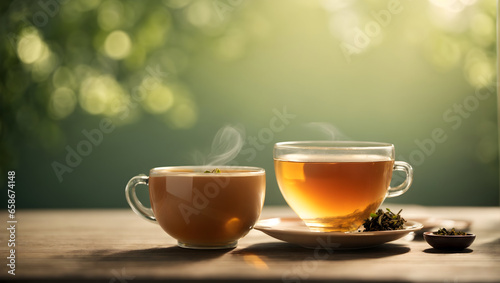 A tea with glass cup on wooden and peaceful morning scene with isolated in a light color background