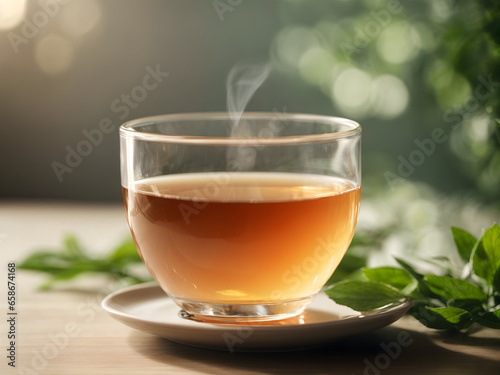A tea with glass cup on wooden and peaceful morning scene with isolated in a light color background