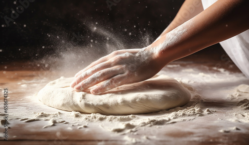 Woman's hands kneading dough for bread or pizza, on the table. AI generated