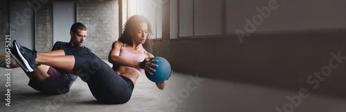 Obraz Gym, banner and couple exercise with ball, weight or training cardio fitness together. Mockup, space and people workout body with weightlifting, sit up or lifting legs for wellness, goals or pilates