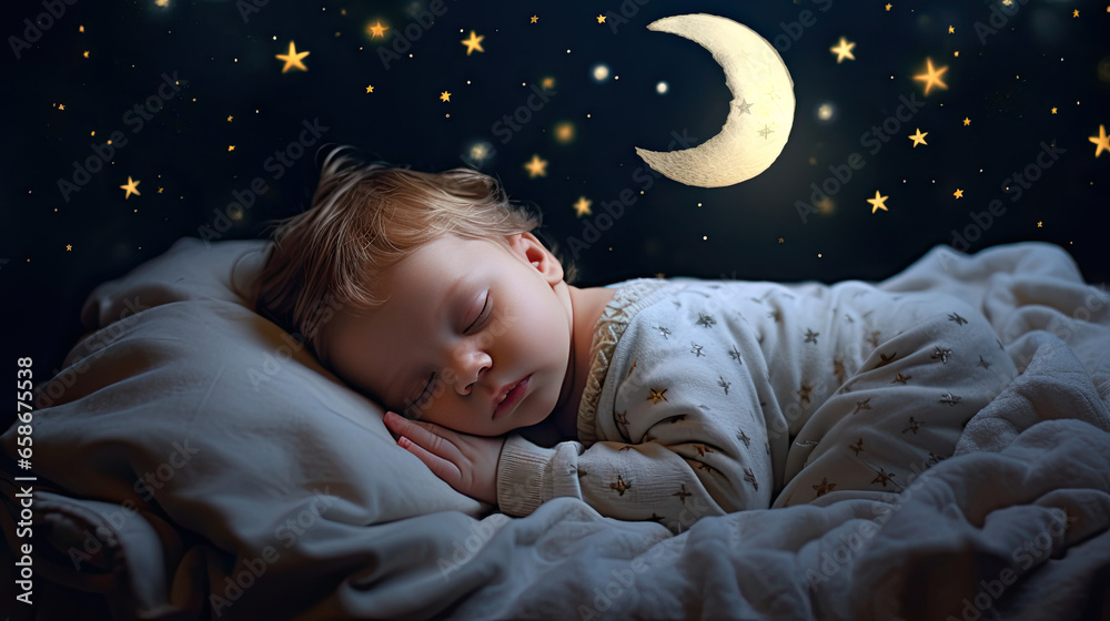 A baby is sleeping cozy sleep under the stars and the moon at night. Generative Ai