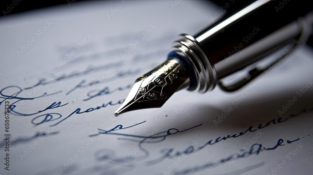 Fototapeta premium a Fountain pen resting on handwritten document. Generative Ai