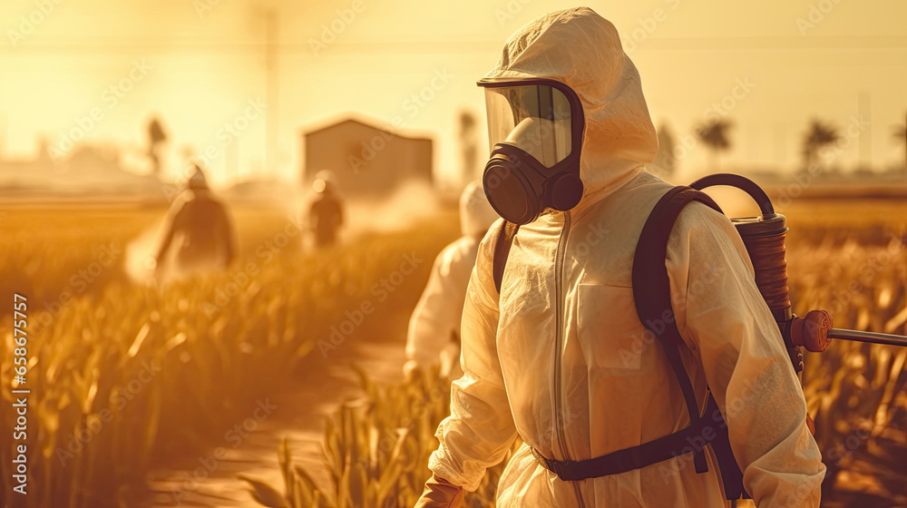 A man wear protective clothing fumigating field with pesticide or insecticide. Generative Ai