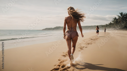 Girl women friends walk on the beach. Fun at the seaside. Relax on holiday by the sea.
