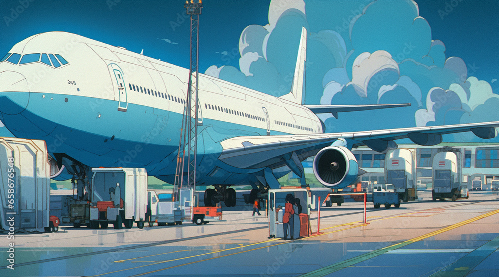 Terminal Tranquility: Anime-style Illustration of Airport Serenity, Generative AI
