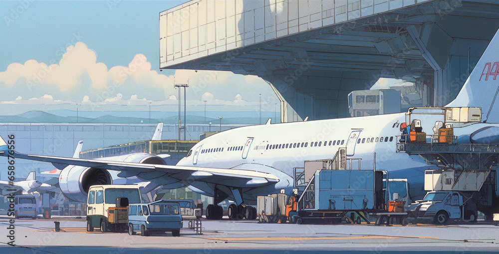 Jet Stream Journeys: Anime-style Scene of Airport Buzz, Generative AI