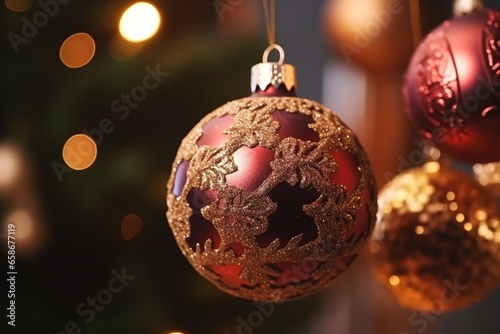 Weihnachtsbaum mit rotgoldenen Ornamenten und Kugeln auf hellem, verschwommenem Bokeh-Hintergrund
