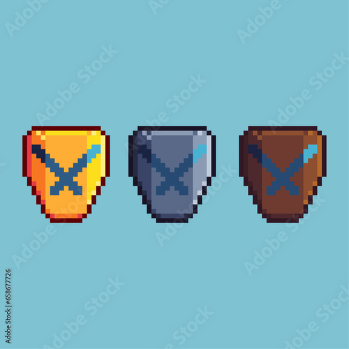 Pixel art sets of disapprove shield with variation color item asset. Simple bits of shield on pixelated style. 8bits perfect for game asset or design asset element for your game design asset.