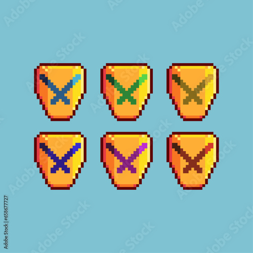 Pixel art sets of Golden disapprove shield with variation color item asset. Simple bits of shield on pixelated style. 8bits perfect for game asset or design asset element for your game design asset.