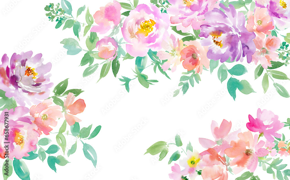 水彩で描いたピンクと紫の花の背景用イラスト