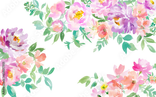 水彩で描いたピンクと紫の花の背景用イラスト