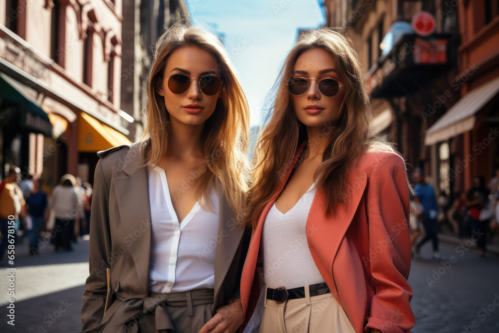 Fashionable two young woman walking confidently down a city street