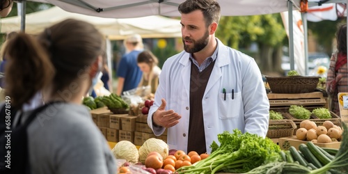 Doctor discussing the correlation between fast-food consumption and obesity at a farmers market, concept of Market research