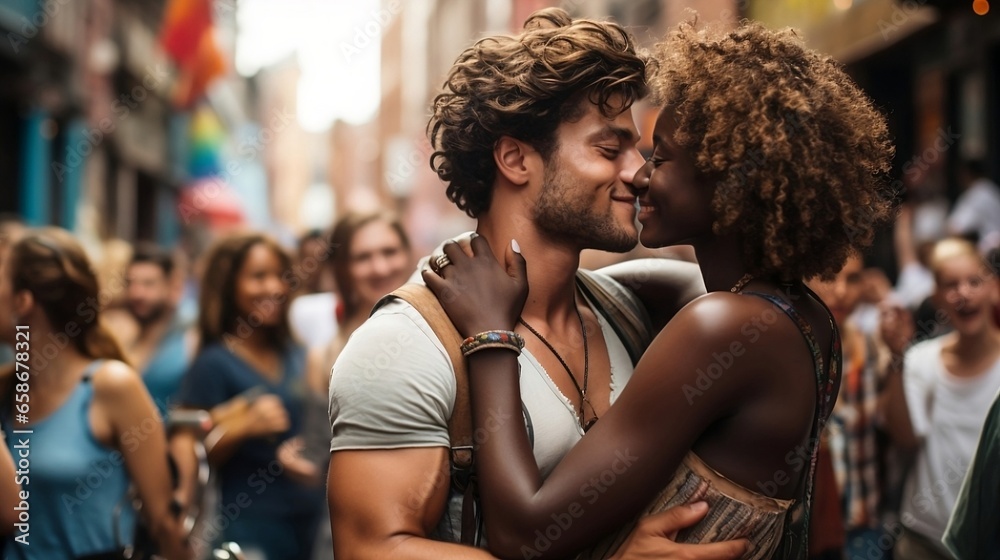Multiracial couple with african american young woman and latino man hugging outdoor and kissing on street party. interracial concept. - obrazy, fototapety, plakaty 