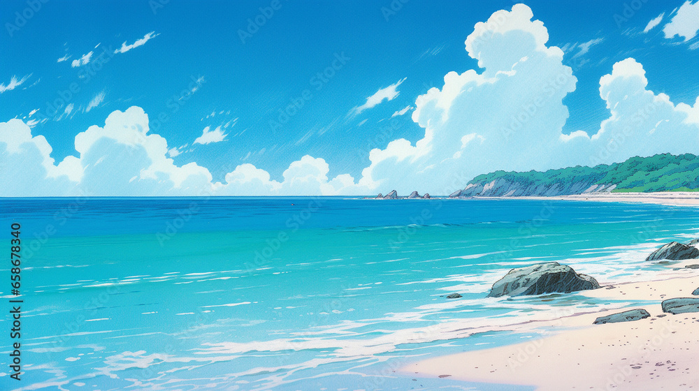 Paradise Cove: Anime-style Scene of a Beach Retreat, Generative AI