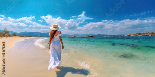 Beachside bliss. Young woman summer getaway. Vacationing in paradise. Tropical escapade. Embracing sun and sand. Island elegance. Fashion and nature meet by sea