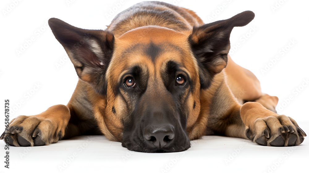 portrait of a sad lonely german shepherd isolated on white background 