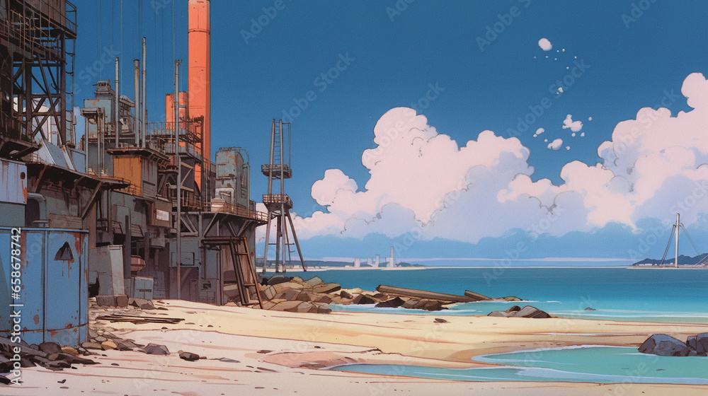 Sandy Haven: Anime-style Illustration of a Coastal Paradise, Generative AI