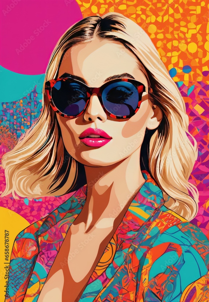 Pop collage Illustration of a beautiful female fashion model with sunglasses over scolorful and vibrant patterns