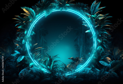 Neon Blue Circular Frame on Palm