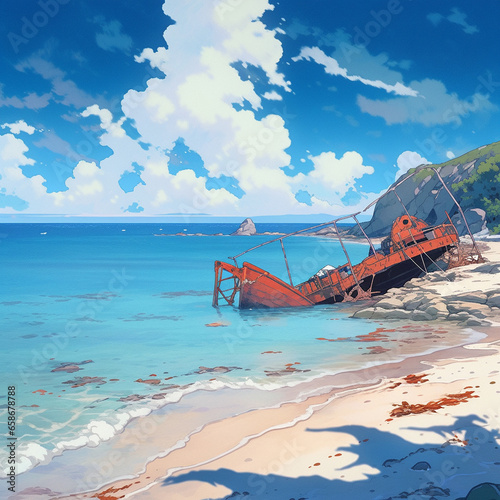 Golden Sands: Anime-style Illustration of a Seashore Escape, Generative AI