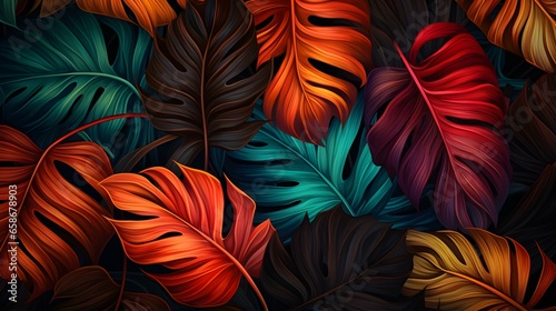 Abstract Background of illustrated Tropical Leaves. Exotic Wallpaper in dark brown Colors