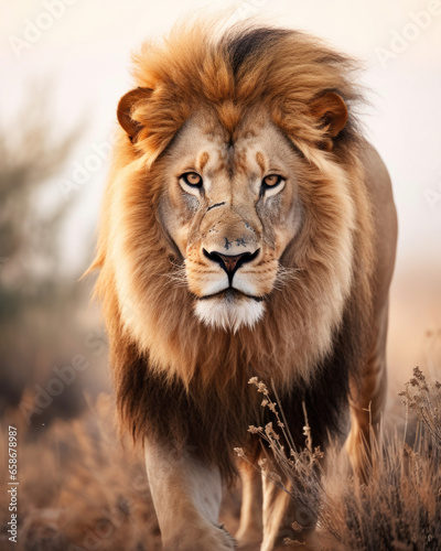 Wild lion with yellow eyes in the African savannah © Evgeniya Fedorova