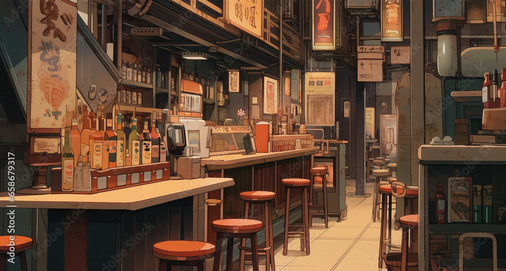 Izakaya Intrigue: Anime-style Illustration of Nighttime Antics, Generative AI - obrazy, fototapety, plakaty 