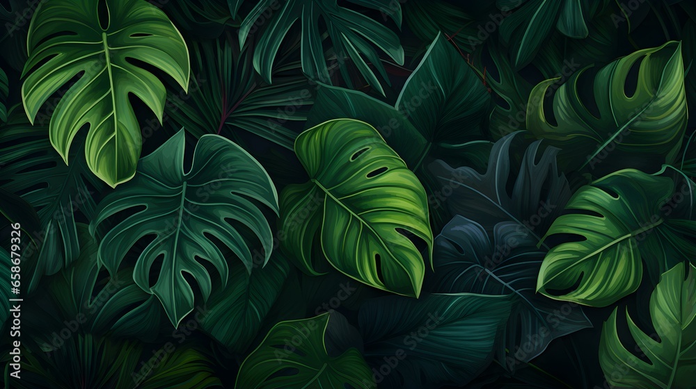 Fototapeta premium Abstract Background of illustrated Tropical Leaves. Exotic Wallpaper in dark green Colors