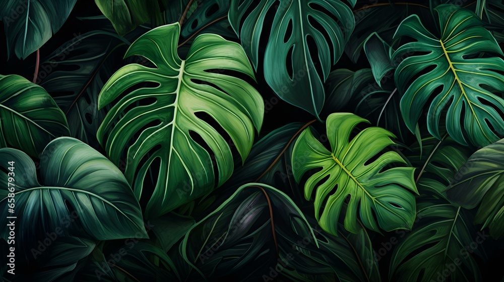 Abstract Background of illustrated Tropical Leaves. Exotic Wallpaper in dark green Colors Abstract Background of illustrated Tropical Leaves. Exotic Wallpaper in dark green Colors