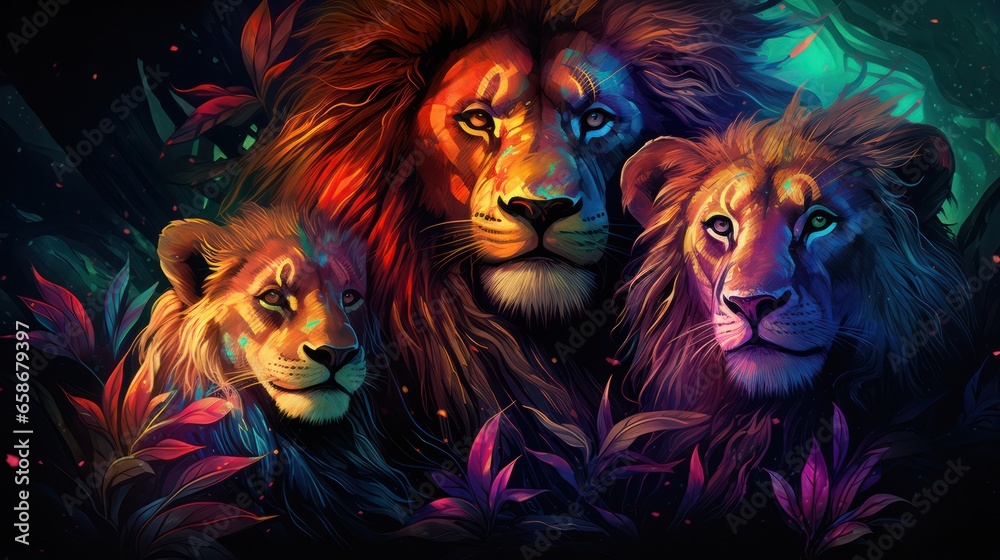 Illustration of Lions in Neon Colors Scheme