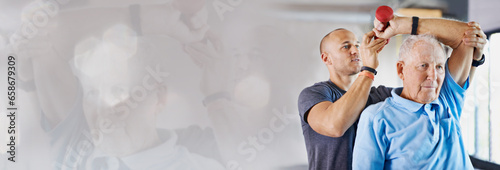 Fitness banner, dumbbell or physiotherapist with senior man in arm exercise or body recovery workout. Coach, double exposure mockup space or mature client stretching or training in physical therapy photo