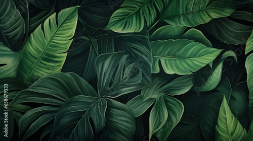 Abstract Background of illustrated Tropical Leaves. Exotic Wallpaper in dark green Colors © drdigitaldesign
