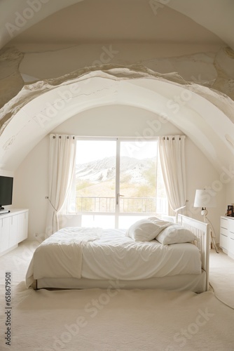 modern white spacious bedroom inside a smooth stone cave