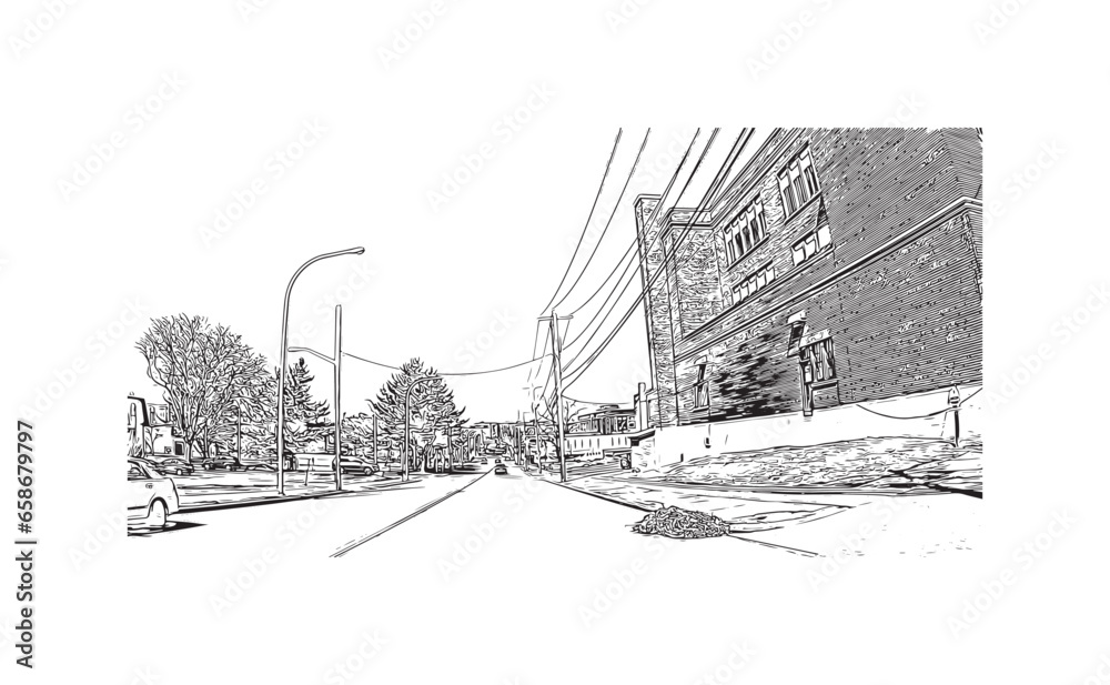 Building view with landmark of Saratoga Springs is the city in New York State. Hand drawn sketch illustration in vector.