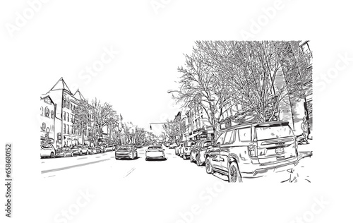 Building view with landmark of Saratoga Springs is the city in New York State. Hand drawn sketch illustration in vector.