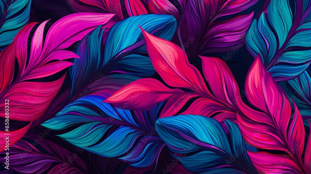 Abstract Background of illustrated Tropical Leaves. Exotic Wallpaper in fuchsia Colors Abstract Background of illustrated Tropical Leaves. Exotic Wallpaper in fuchsia Colors