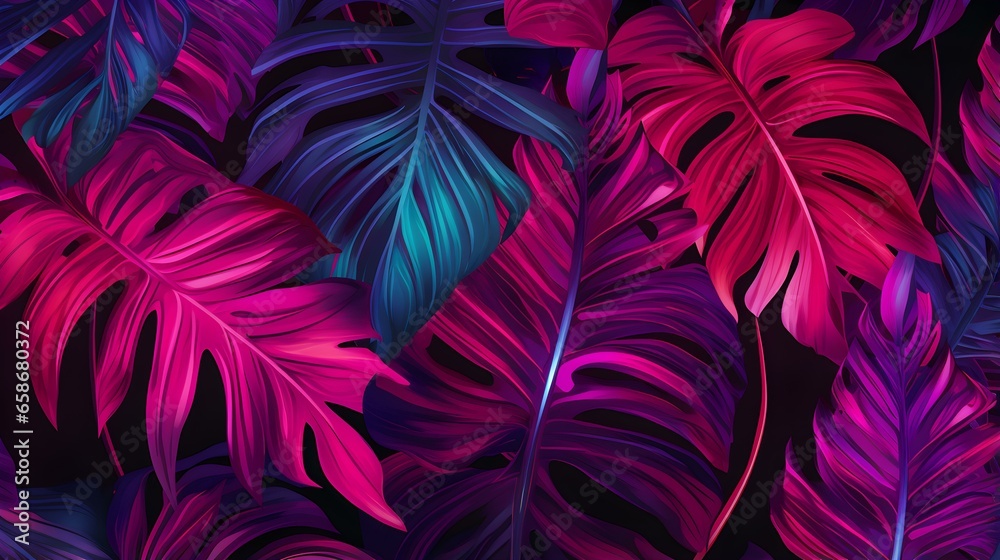 Abstract Background of illustrated Tropical Leaves. Exotic Wallpaper in fuchsia Colors