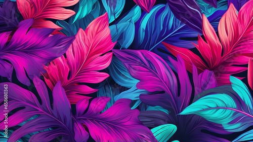 Abstract Background of illustrated Tropical Leaves. Exotic Wallpaper in fuchsia Colors © drdigitaldesign