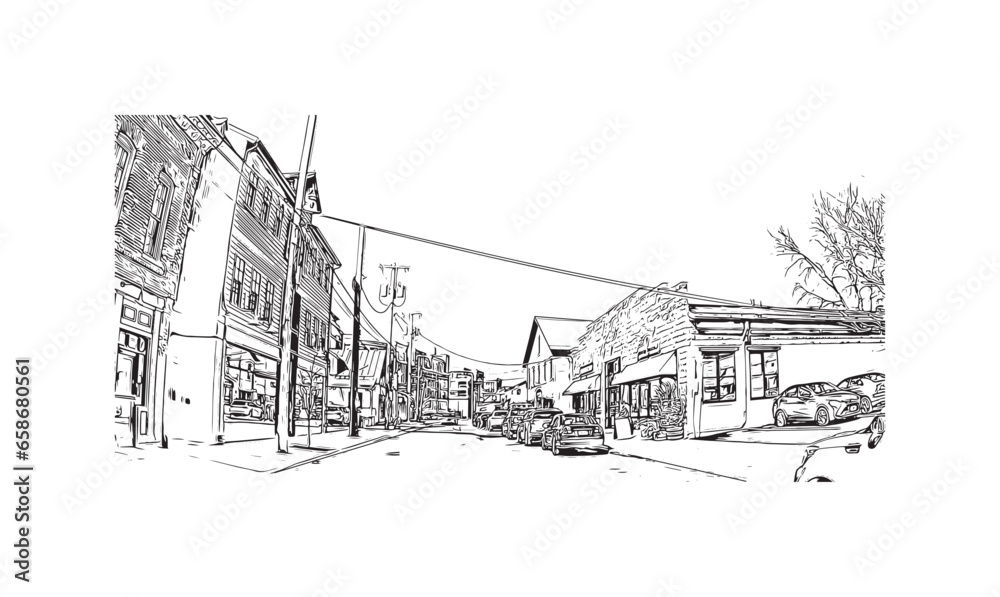 Building view with landmark of Saratoga Springs is the city in New York State. Hand drawn sketch illustration in vector.