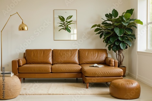 living room with a brown leather capitone sofa photo