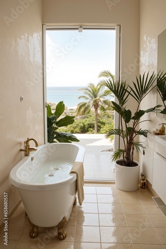 minimal mediterranean relaxed bathroom with earthy tones