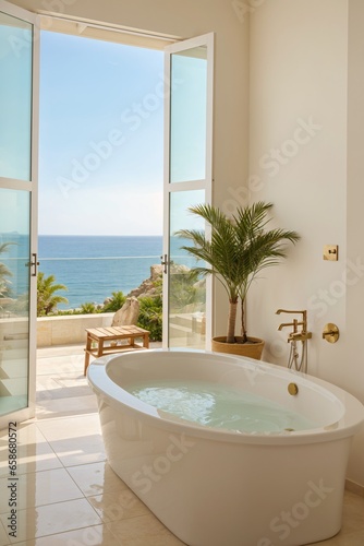minimal mediterranean relaxed bathroom with earthy tones