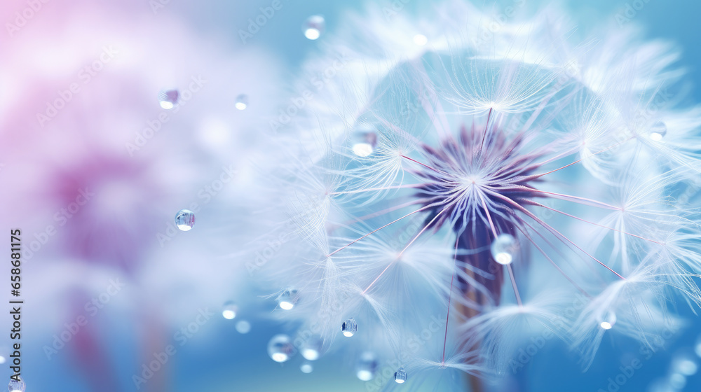 Fototapeta premium Beautiful dew drops on a dandelion seed macro. Beautiful soft light blue and violet background. Water drops on a parachutes dandelion on a beautiful blue. Soft dreamy tender artistic image form