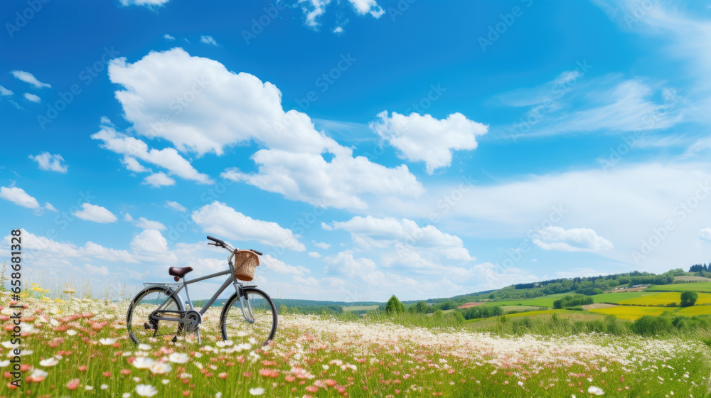 Beautiful spring summer natural landscape with a bicycle on a flowering meadow against a blue sky with clouds on a bright sunny day. Beautiful spring summer natural landscape with a bicycle on a flowering meadow against a blue sky with clouds on a bright sunny day.