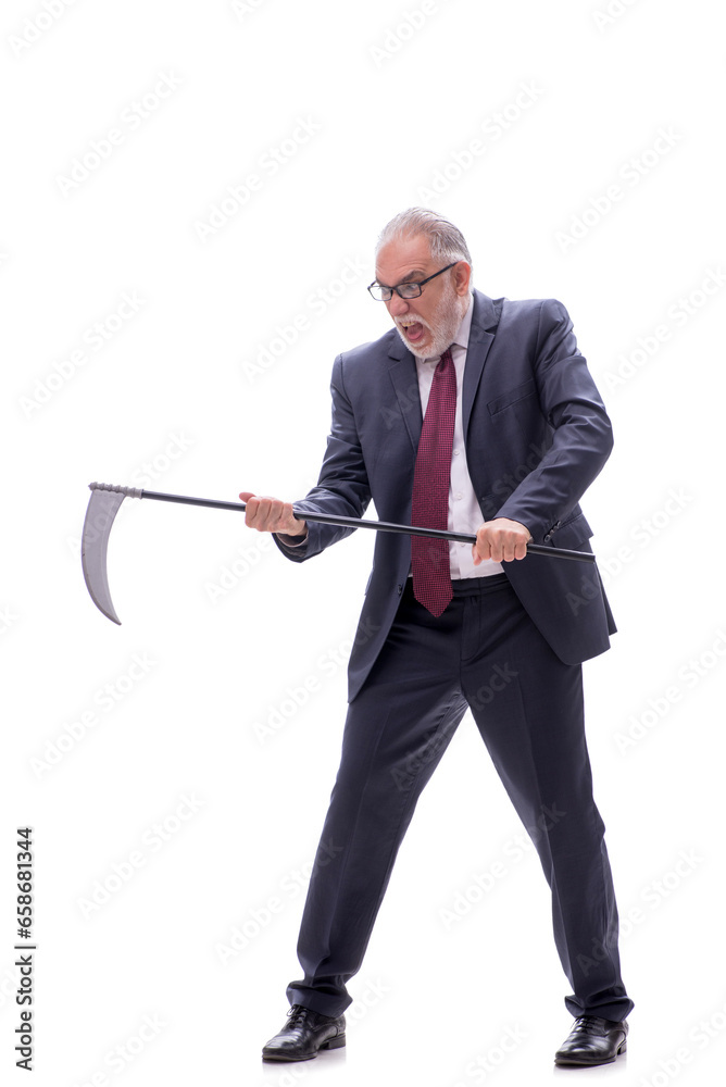 Old businessman holding scythe isolated on white Old businessman holding scythe isolated on white