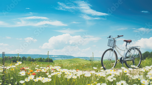 Beautiful spring summer natural landscape with a bicycle on a flowering meadow against a blue sky with clouds on a bright sunny day. © Oulailux