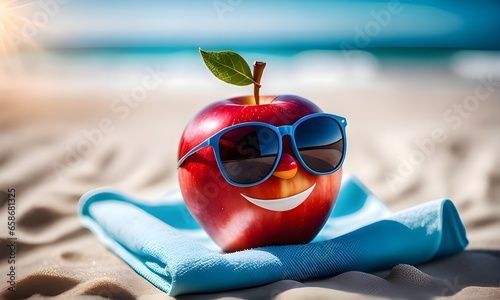 Eat a Red Apple Day. A of a red apple wearing sunglasses, lounging on a beach towel. Generative AI