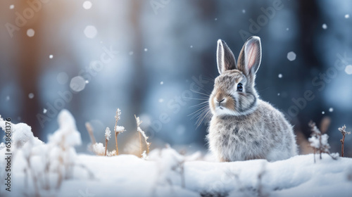 Cute gray hare in a beautiful snowy winter forest. AI generated.